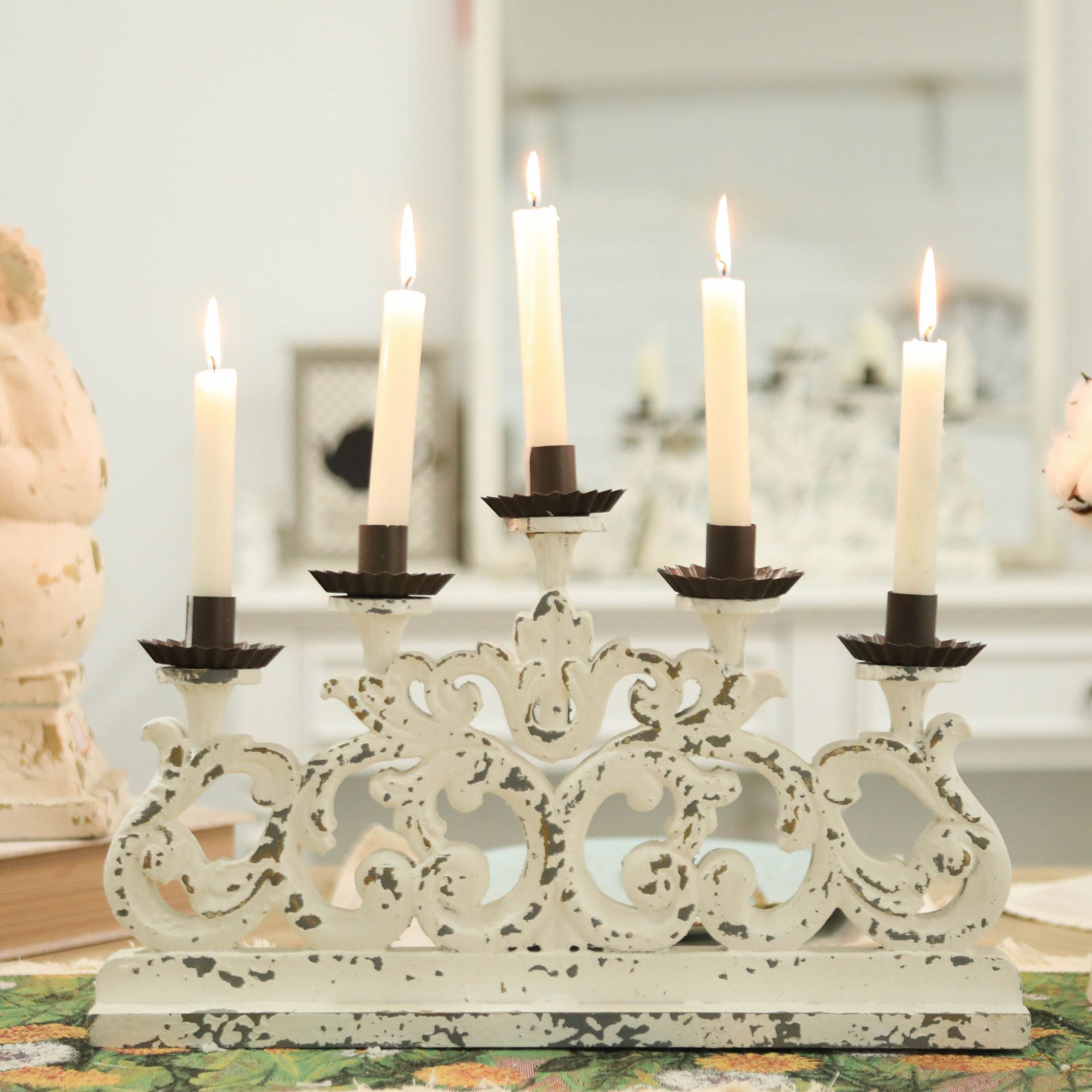 法式复古杉木烛台铁艺小摆件五头铁艺烛台桌面中岛摆台婚礼道具