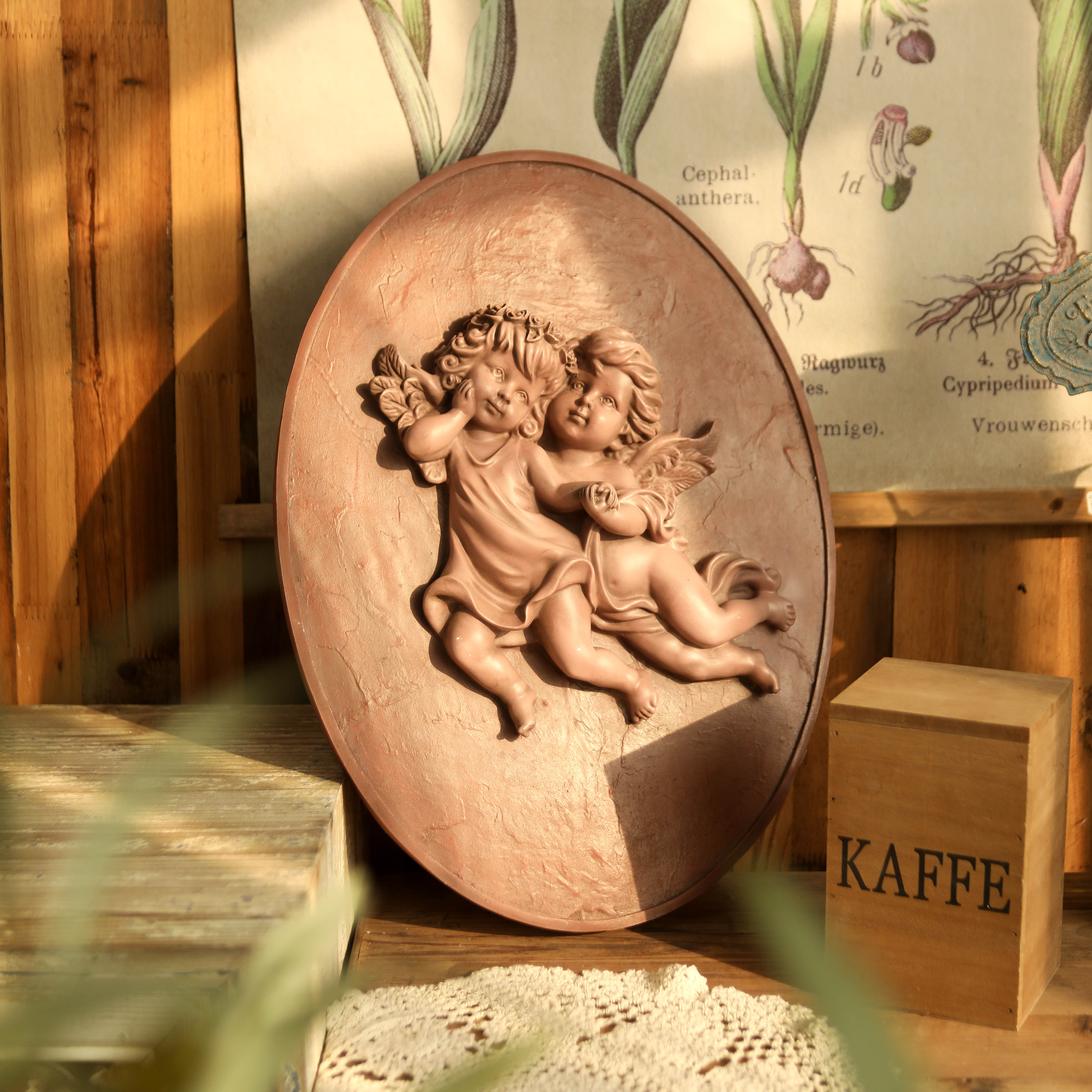 法式树脂壁挂饰品椭圆天使装饰做旧花园雕塑摆件复古文艺浮雕墙饰