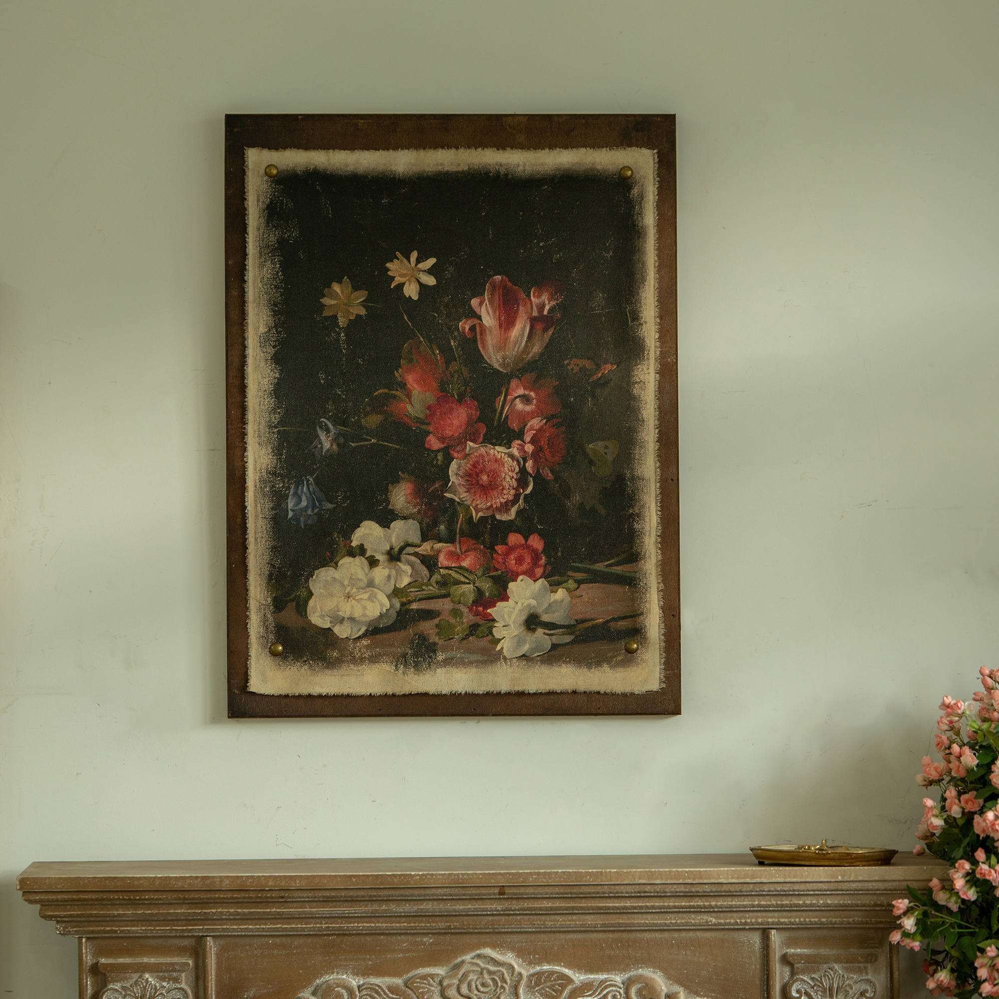 花园复古杉木挂画阳光房花朵做旧壁挂麻布打印工艺肌理法式装饰画