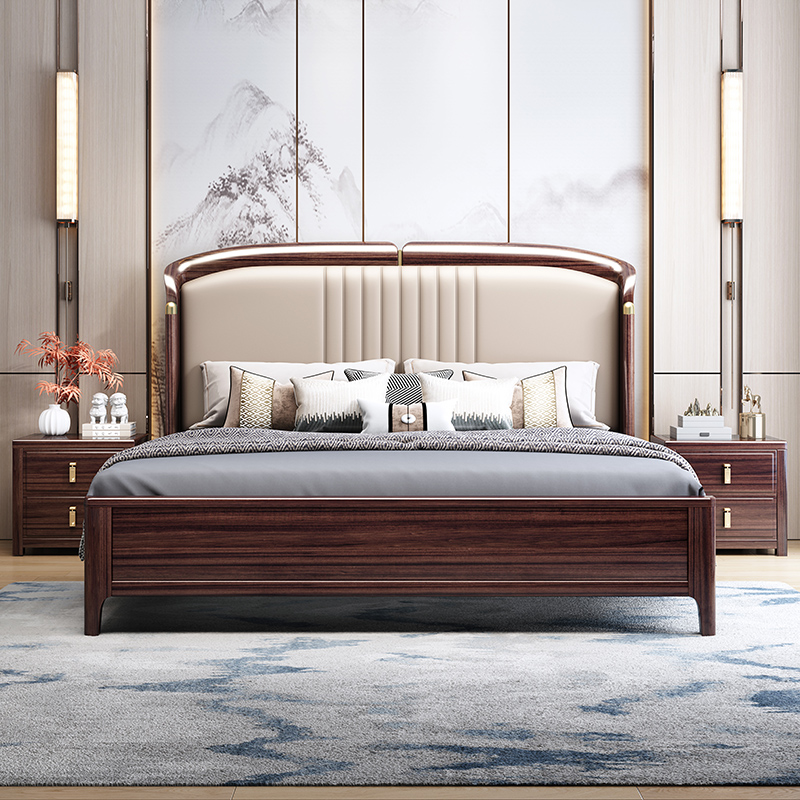 爱栖巢新中式乌金木实木床双人床现代简约高箱储物乌金木成套婚床