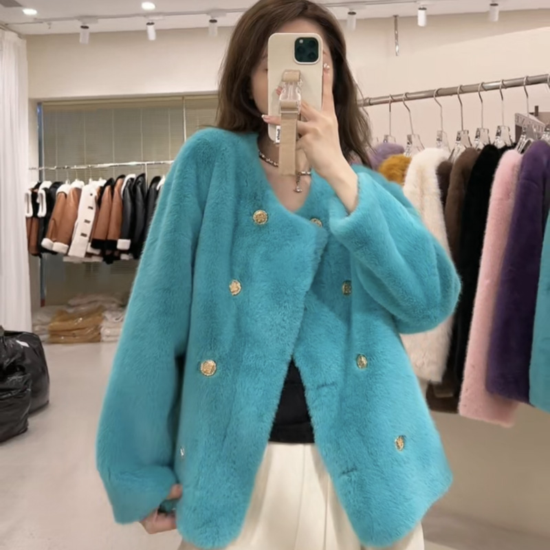 2023环保毛双排扣欧貂绒小香风仿水貂外套气质韩版网红女秋冬百搭