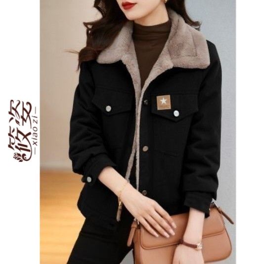 纯棉加绒加厚新款外套2023冬新款小个子工装夹克气质洋气棉服潮