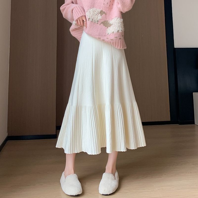 2023秋冬女装新款压褶提花针织半身裙高腰修身显瘦中长款a字裙子