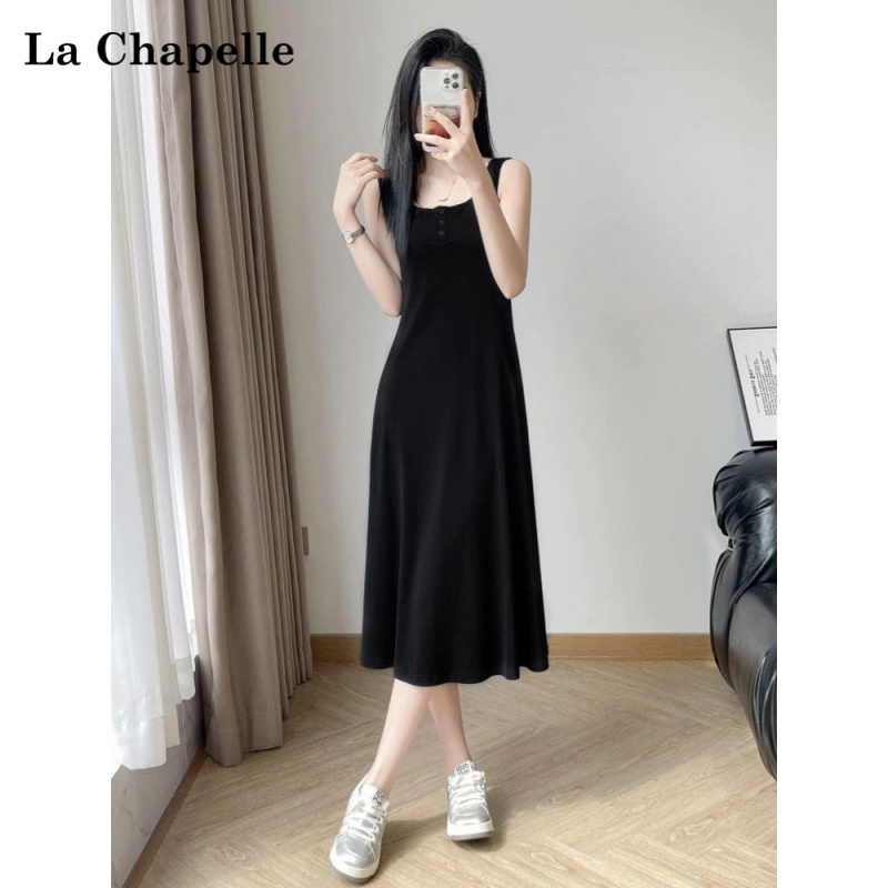 La Chapelle/拉夏贝尔长款过膝纽扣吊带背心裙大码宽松打底连衣裙