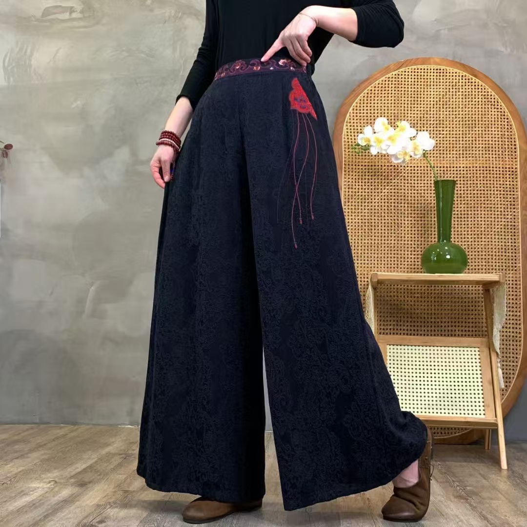 2024秋冬文艺复古民族风腰部绣花麻棉提花休闲宽松阔腿裤