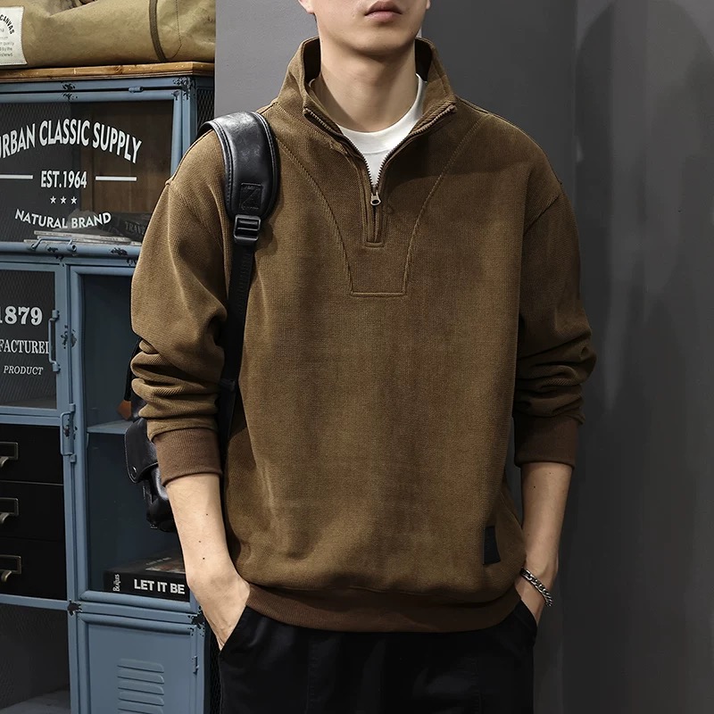 秋冬季新款男士卫衣秋冬一体加绒上衣半拉链立领潮牌痞帅休闲外套