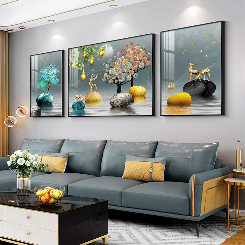 五福临门客厅装饰画现代轻奢沙发背景墙挂画新款高档大气三联壁画