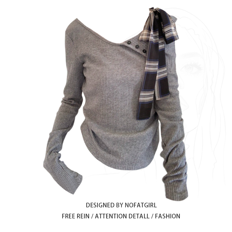 大码胖妹妹韩版气质蝴蝶结露肩长袖t恤女秋冬显瘦修身设计感上衣