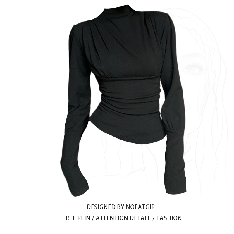 大码胖MM黑色半高领长袖T恤女秋冬季新款修身高级感正肩打底上衣