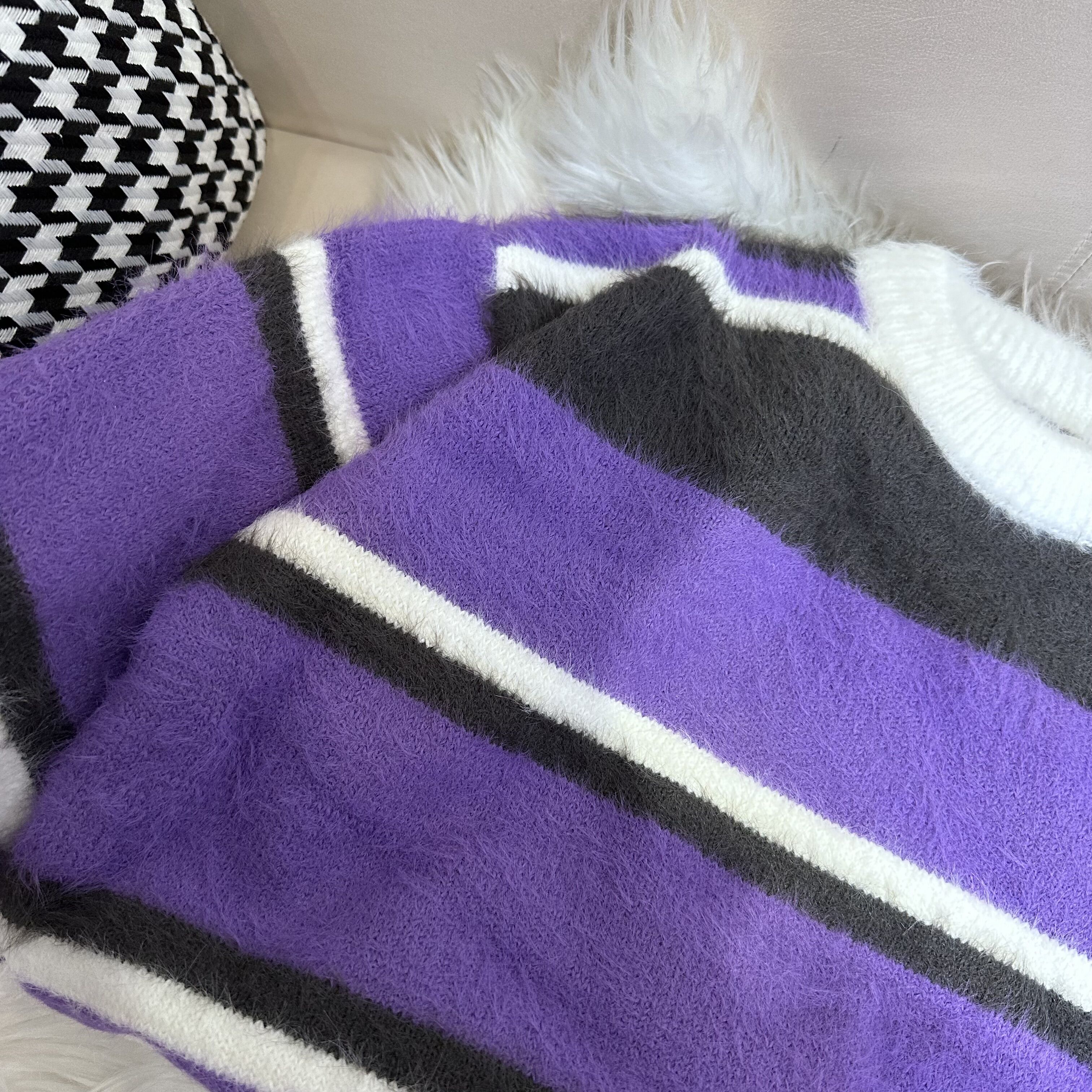 GZ-童装 【紫调】定制款洋气蓝色印花中大童宽松套头毛衣H5150