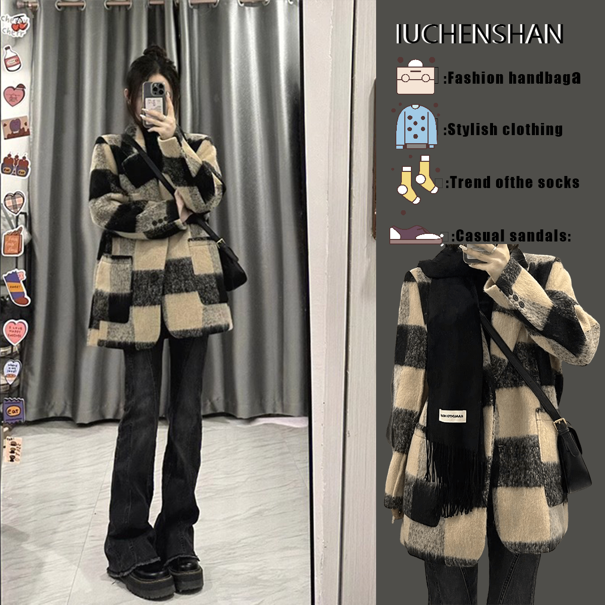 格子短款呢子大衣女年新款毛呢外套秋冬季小个子高级感赫本风