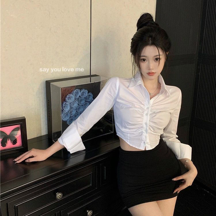款领长袖衬衫女秋冬褶皱修身短款露脐衬衣显瘦上衣