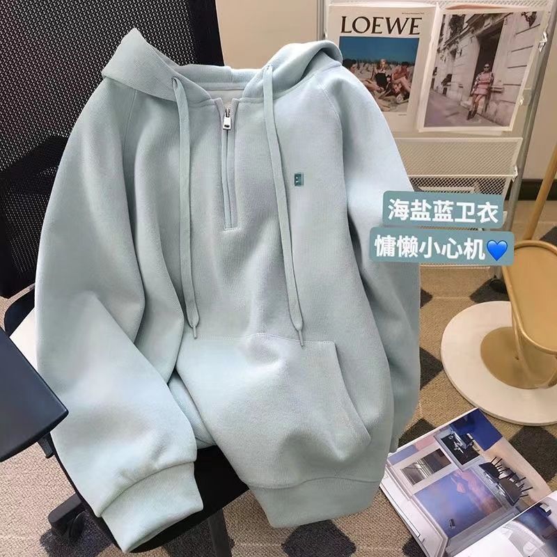 海盐蓝高级感半拉链连帽卫衣女春秋新款宽松甜酷慵懒风穿搭上衣潮