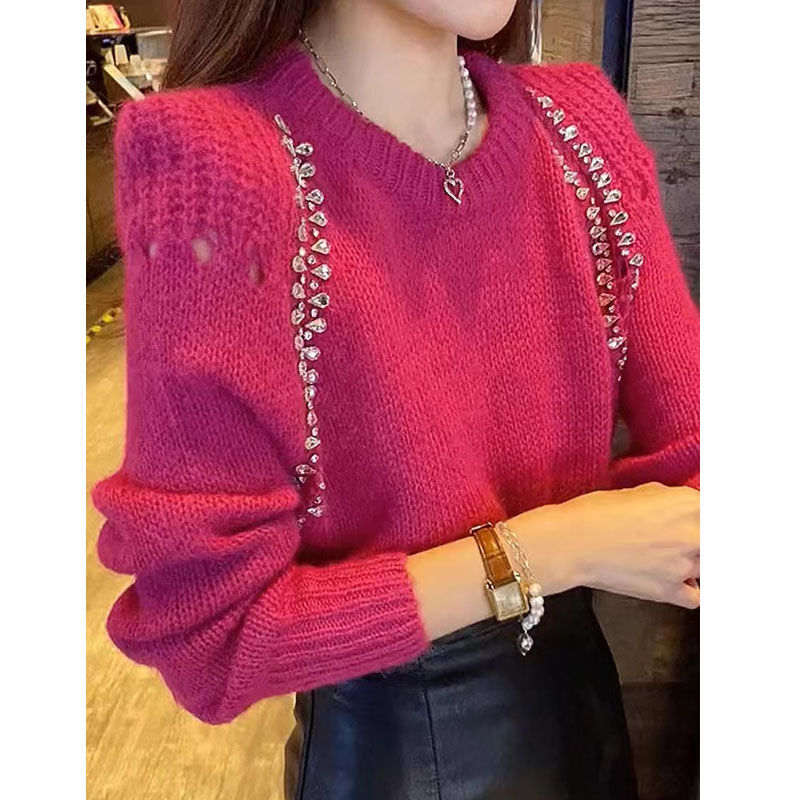 欧洲站针织衫新款别致上衣爆款秋冬圆领设计感烫钻软糯毛衣女