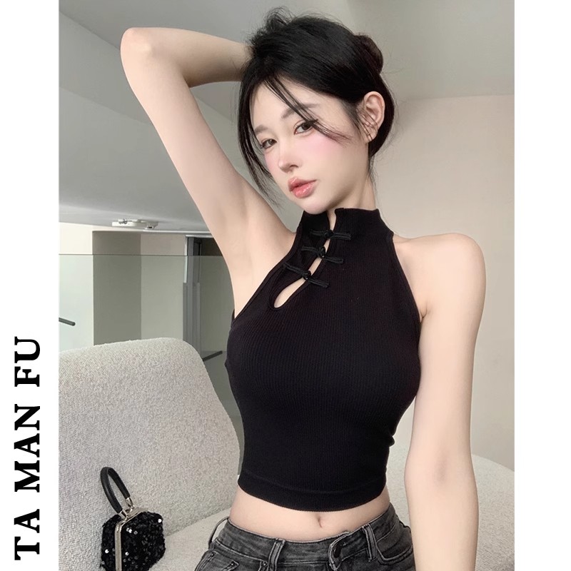 新中式黑色旗袍盘扣小众吊带背心挂脖国风性感辣妹无袖小上衣外穿