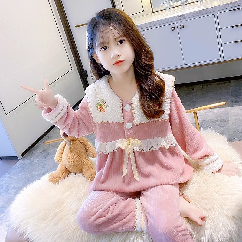 网红女童法兰绒睡衣冬季加厚款女儿童保暖珊瑚绒家居服套装