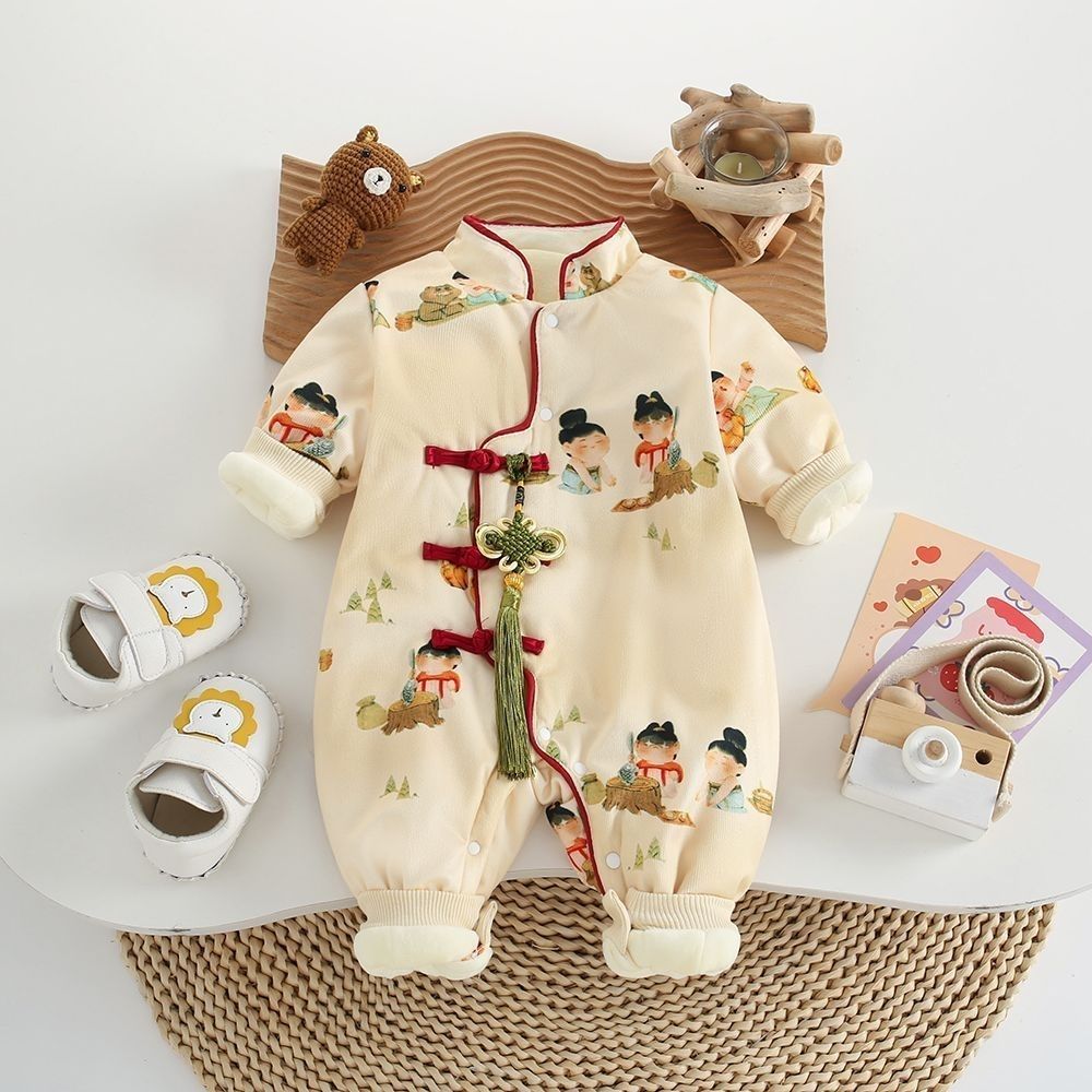 中国风婴儿冬季衣服,宝宝冬季加棉加绒周岁满月连体衣爬服