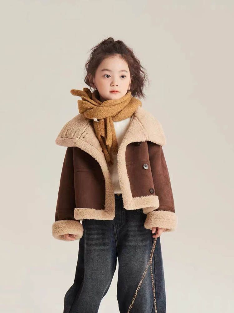 童装儿童2023新款冬女童休闲慵懒皮毛一体翻领外套休闲加绒阔腿裤