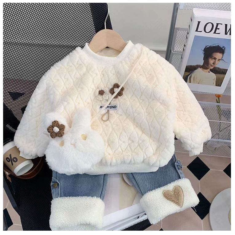 女童秋冬套装2023新款女宝宝洋气冬季加绒卫衣儿童牛仔裤两件套潮