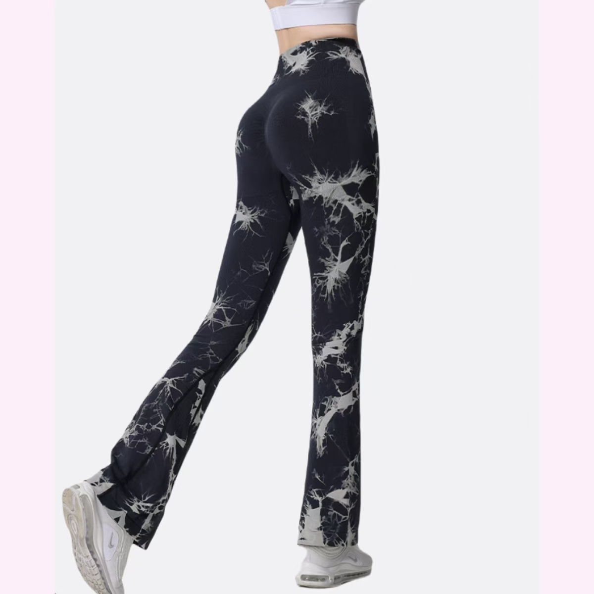 外穿扎染喇叭裤女高腰提臀运动喇叭裤跑步蜜桃臀印花健身裤欧美