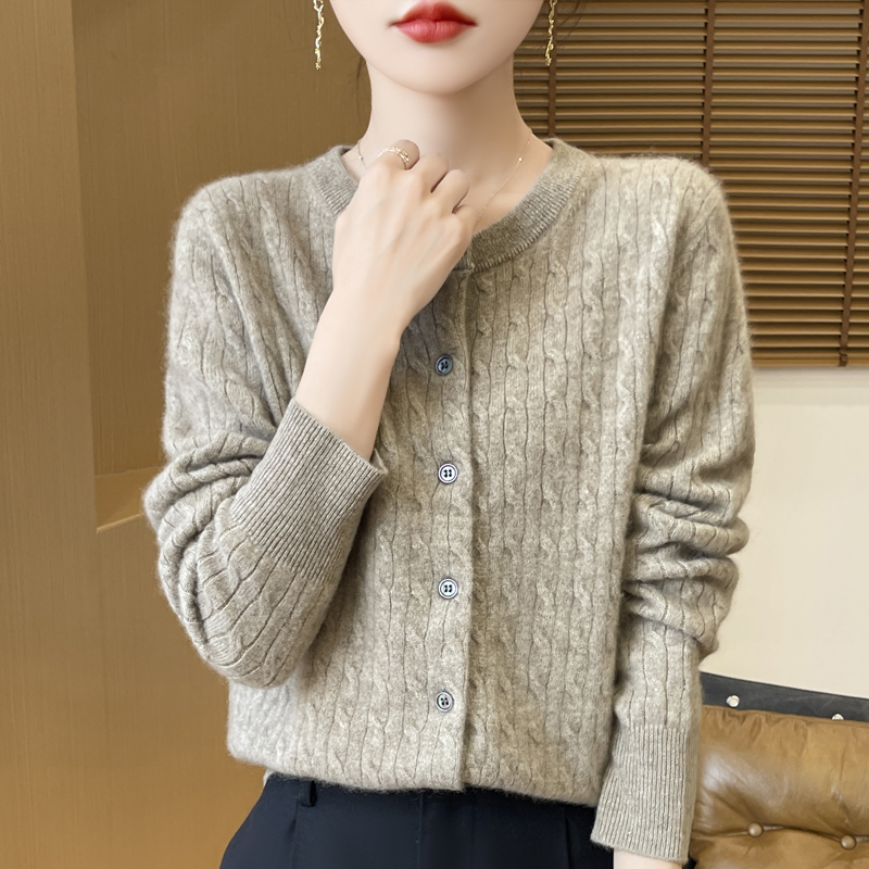 2024秋冬新款扭花开衫女士长袖纯色百搭叠穿针织开衫外套