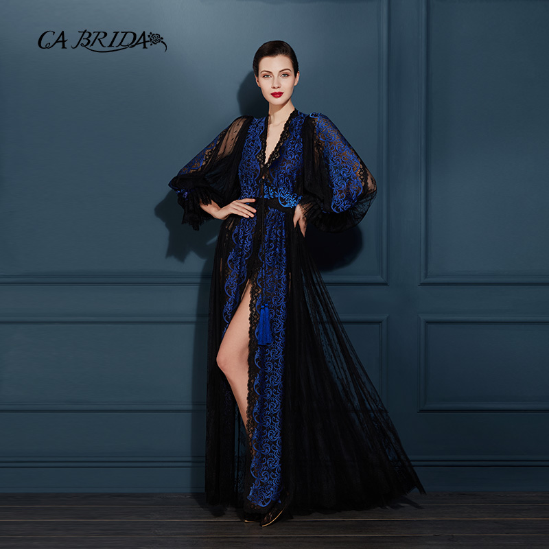 CA BRIDA【幽兰】性感气质礼服蕾丝黑色气质长款长袖嘉德丽亚睡袍