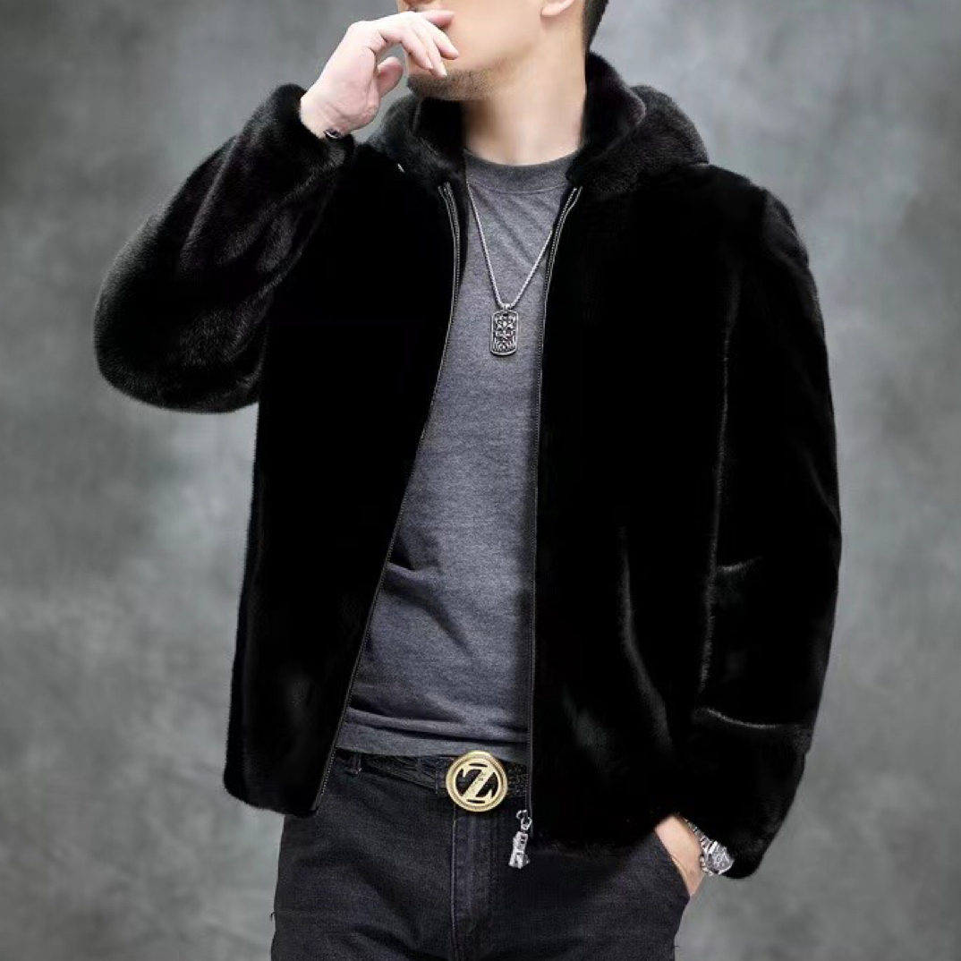 海宁蒙眼貂连帽加厚男士夹克秋冬保暖休闲外套