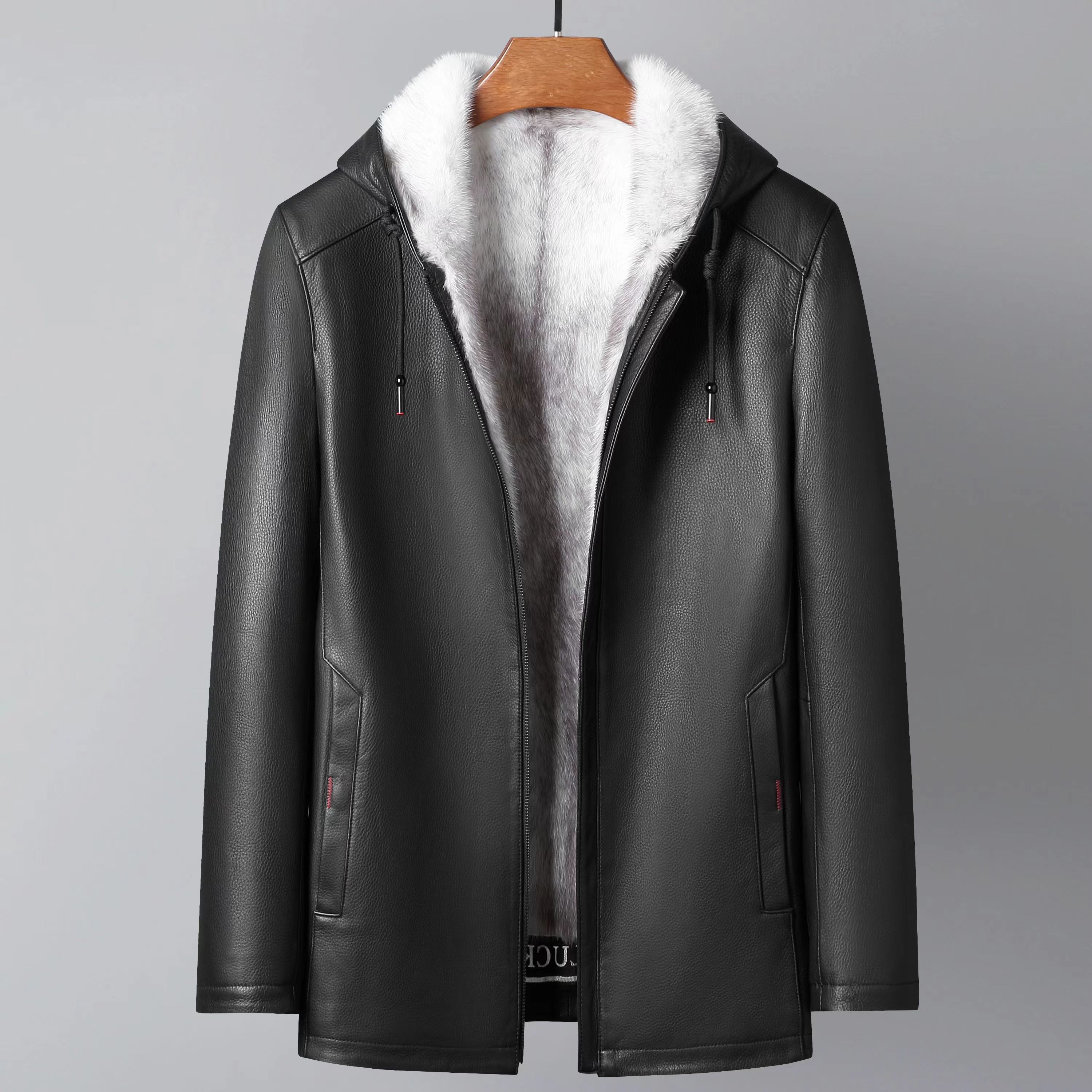 22-618男士高端鹿皮貂内胆休闲连帽中长款加厚外套