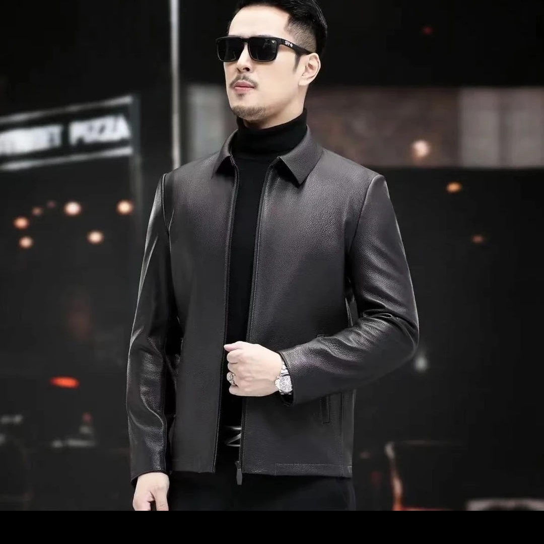 1906男士春秋时尚休闲头层山羊皮翻领夹克外套