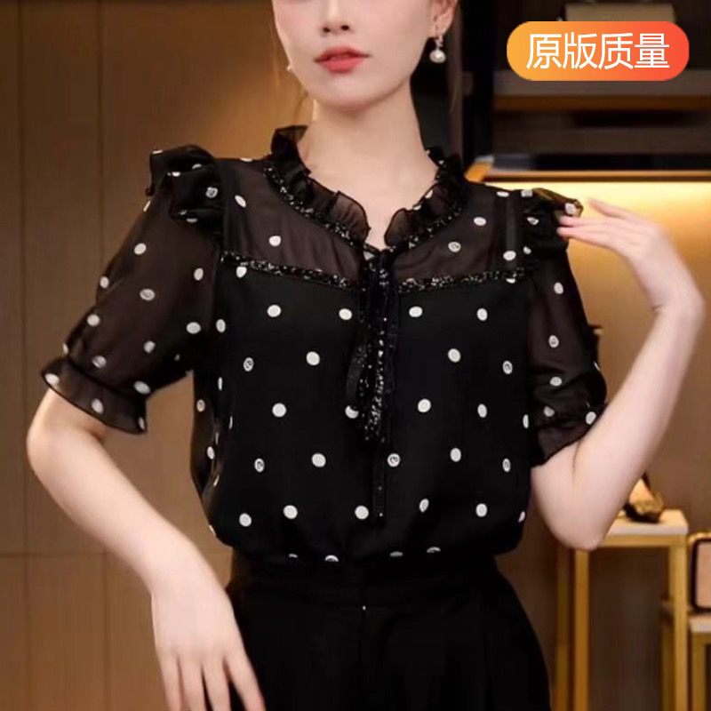 女士短袖夏季新款上衣妈妈法式荷叶边雪纺衬衫