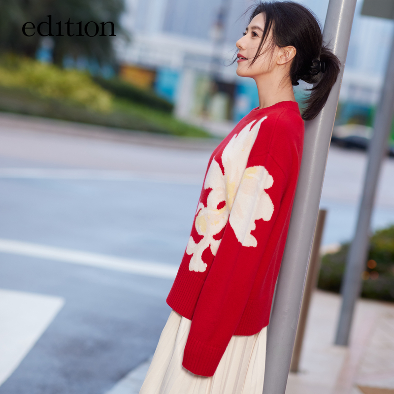 【高圆圆同款】edition圆领锦鲤提花绵羊毛毛衣#EBD1SWTK01