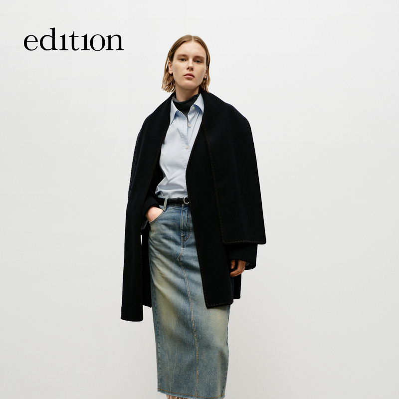 edition冬款可拆围巾领绵羊毛毛呢双面呢大衣外套#EBD3COT021