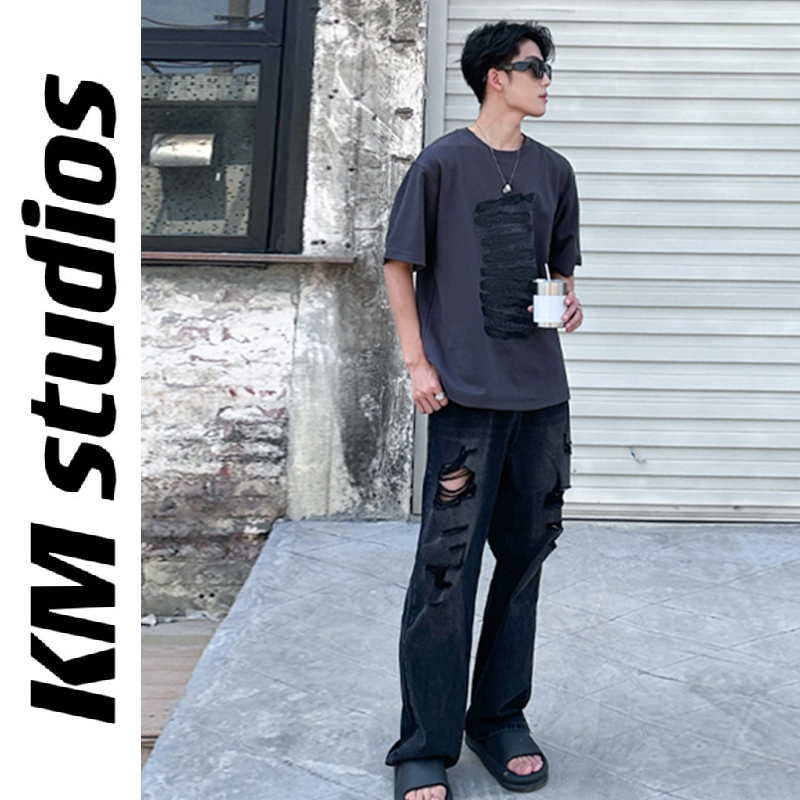 【清仓】KM studios超帅夏季320克重磅双杀拉浆短袖宽松休闲潮流T恤