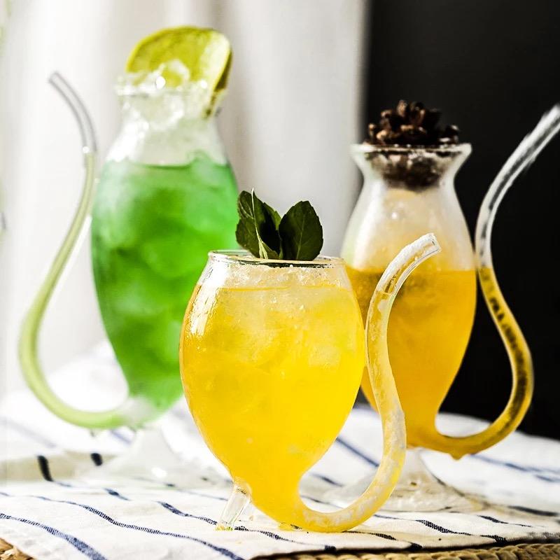 北欧创意吸管杯红酒杯啤酒杯手工耐热玻璃杯酒吧个性酒杯吸血鬼杯