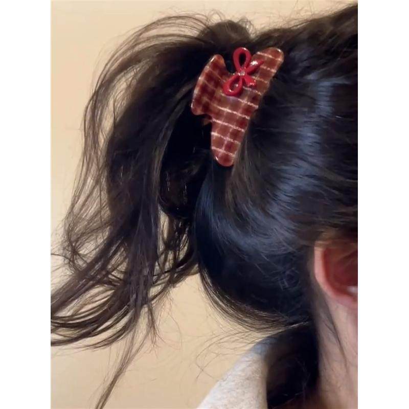 少女心红色格子抓夹醋酸发抓盘发夹子头饰