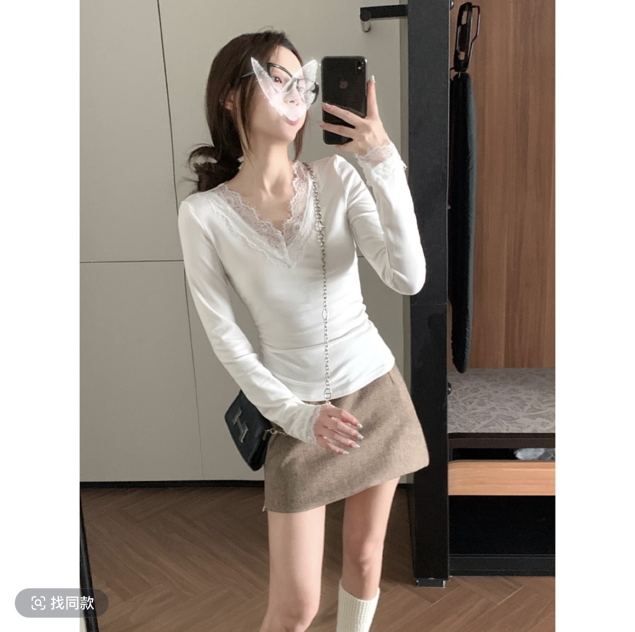 纯欲感蕾丝拼接领长袖打底衫女秋冬温柔风内搭弹力V领T恤上衣708