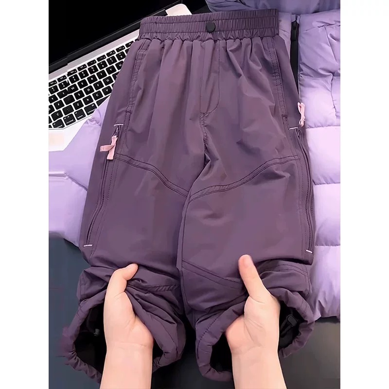 女童加绒冲锋裤2025秋冬款软壳羊驼加绒厚中大童阔腿裤运动保暖裤