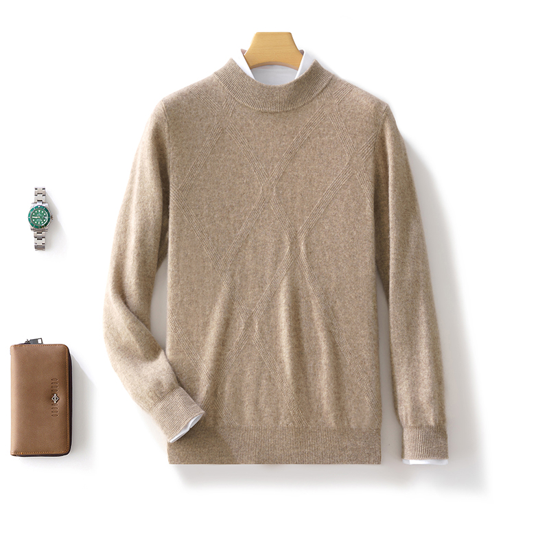 秋冬款厚款纯羊绒衫男士半高领菱形席编商务休闲套头针织打底衫