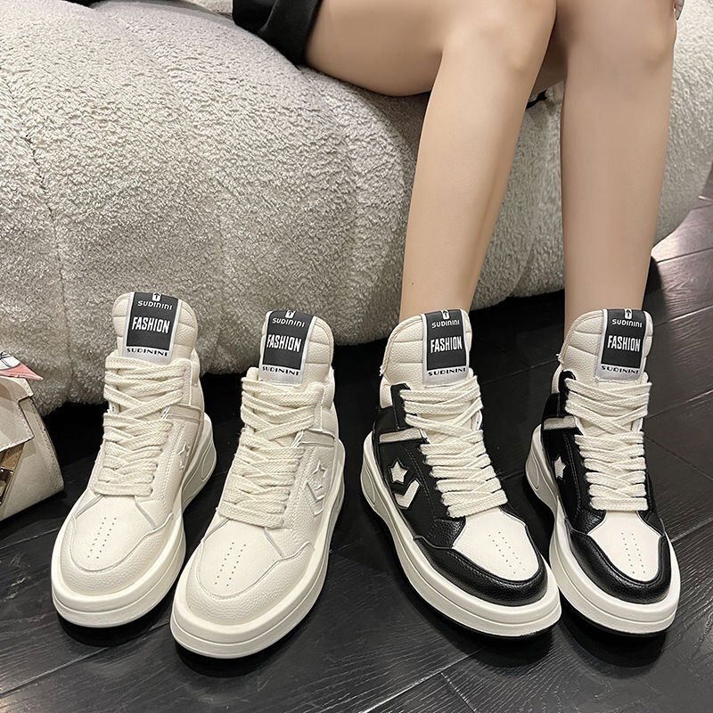百丽纯爱2023运动休闲百搭透气小白鞋女厚底板增高老爹鞋高帮潮鞋