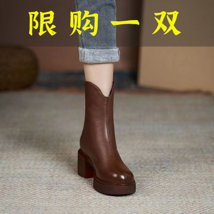 百丽纯爱真软皮高跟时装靴女2022新款秋冬加绒粗跟皮靴保暖短靴