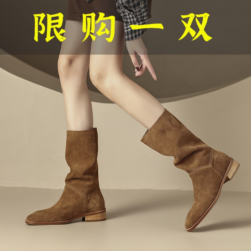 百丽纯爱女鞋2023秋冬新款磨砂牛翻皮平跟中筒靴黑色咖色堆堆靴