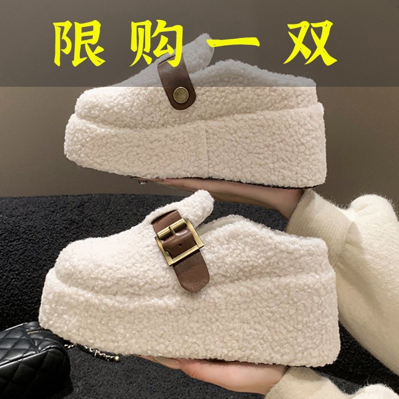 百丽纯爱超高跟厚底坡跟包头羊羔毛毛拖鞋女外穿小个子2023秋冬