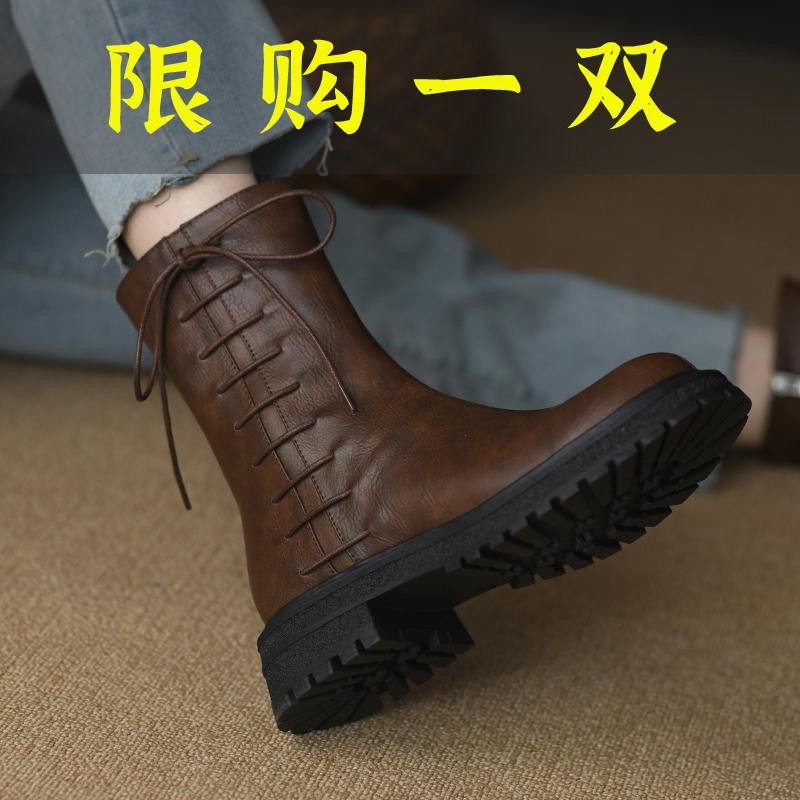 百丽纯爱圆头厚底短靴女低跟真皮2023年新款秋冬靴子中跟英伦风