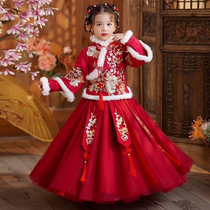 拜年服女童汉服冬款儿童古装2024新款加厚冬季女孩过年唐装新年装