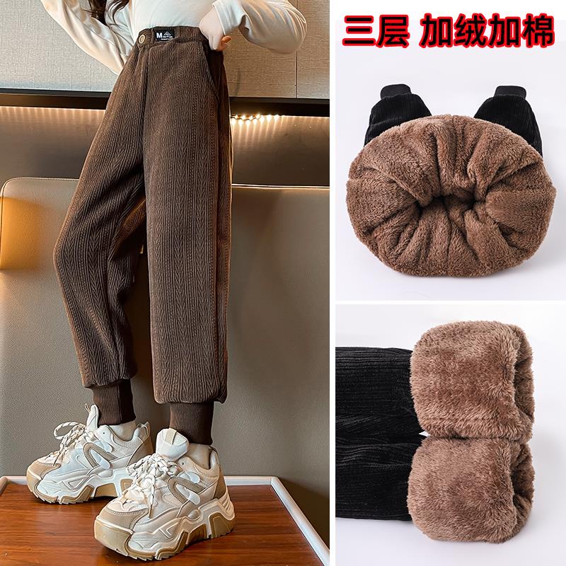 女童棉裤秋冬外穿三层加厚冬季加绒冬天一条过冬特厚大童儿童裤子