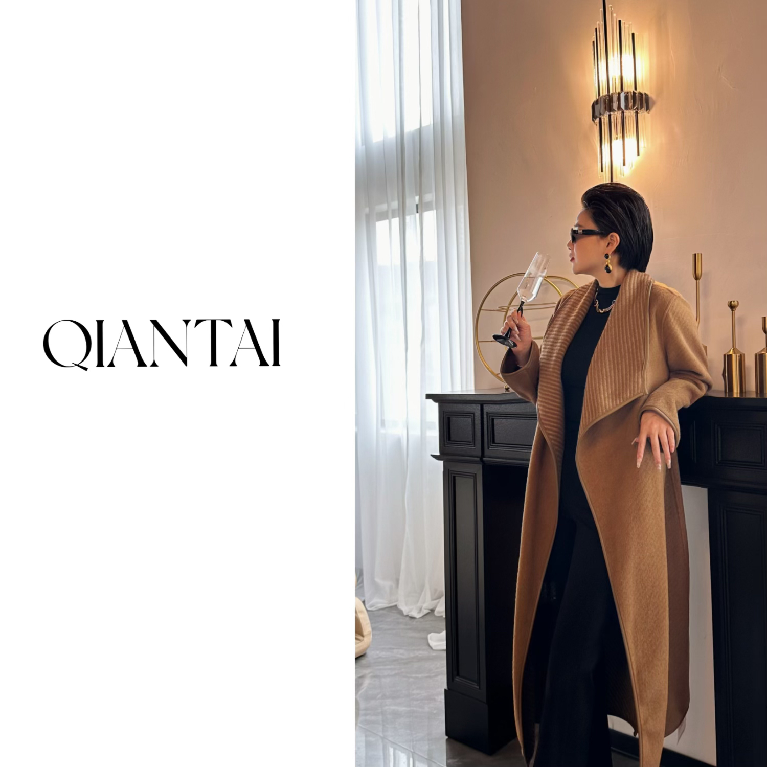 QIANTAI【棕月雪颂】显瘦气质轻奢设计师时尚百搭简约中长款大衣