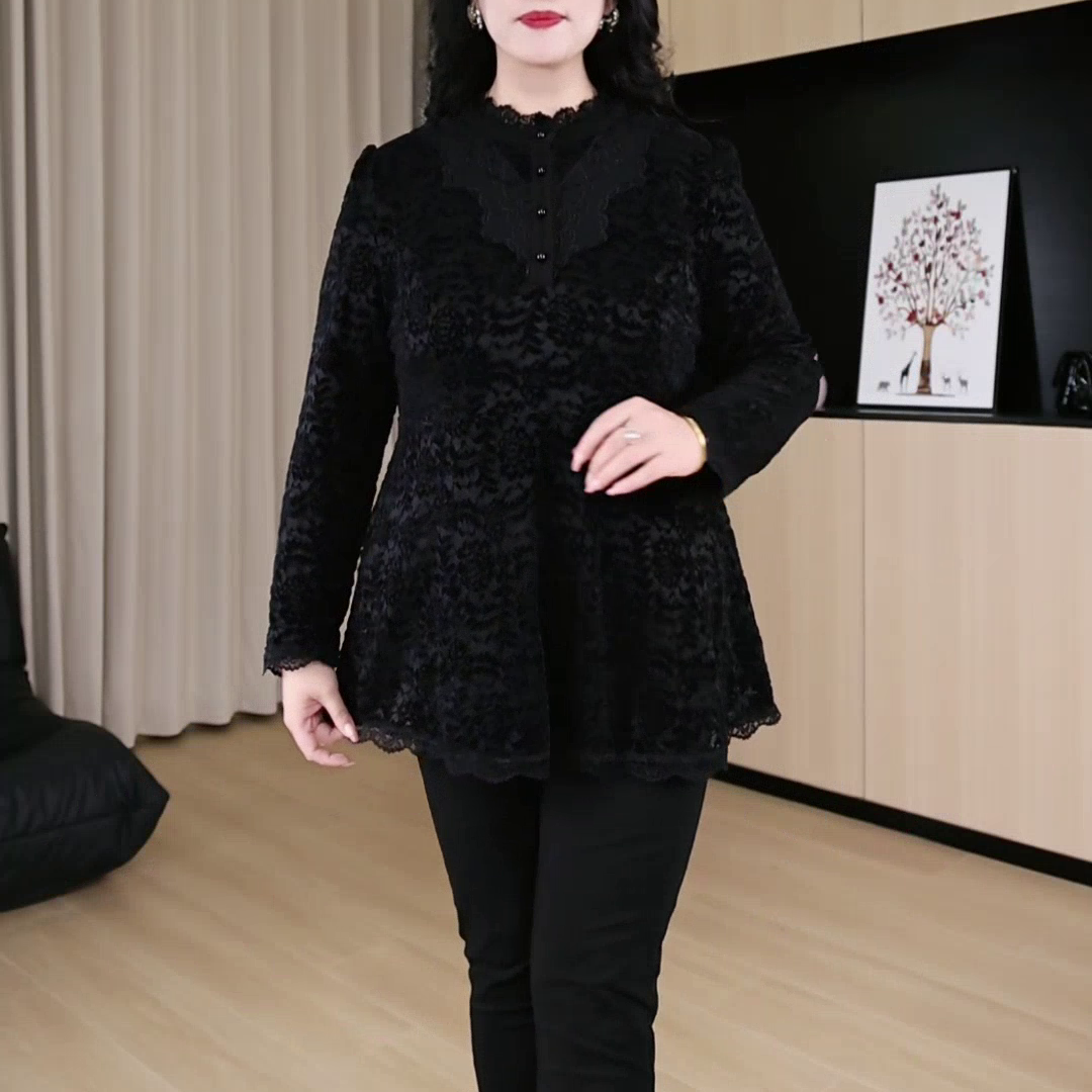 苏迷显瘦大码女装蕾丝上衣气质长袖时尚打底加绒国风法式ZB5558