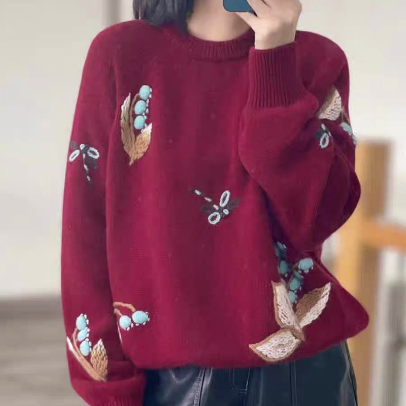 恋仓恋仓秋冬新款重工刺绣全羊毛针织衫时尚纯羊毛毛衣禁止机洗