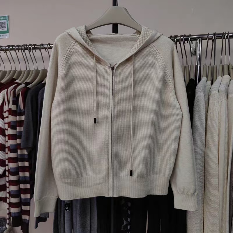 6967长袖连帽双拉链插肩袖宽松针织开衫毛衣短外套2024秋季新款女