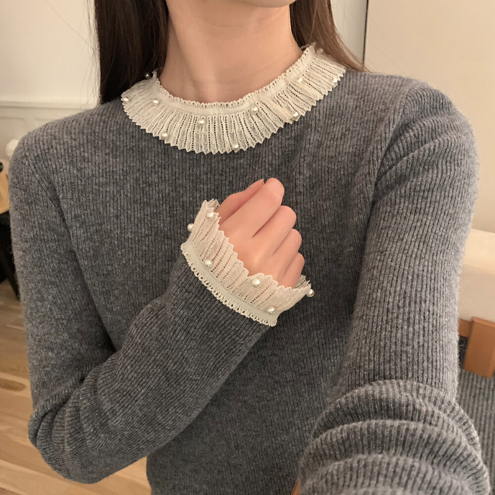 撞色宫廷风蕾丝拼接气质针织衫女2024冬季打底衫内搭显瘦上衣毛衣